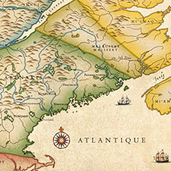 Colour map of Northeastern America displaying First Nations territories, specific names of the Nations and major rivers.