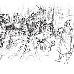Black and white drawing of a dozen Abenakis travelling lined up behind each other. Most of them carry various baggage while others carry a canoe. A dog walks with them.
