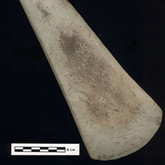 Colour photograph of an elongated polished stone. Its top is narrower than its low end.