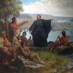 Painting of a clergy member talking with seven First Nations people around him.