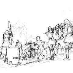 This drawing shows Abenakis working on the transformation of products from hunting and plant gathering.