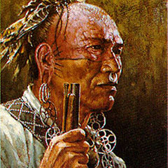 Color illustration of the face and the hand of an algonquian warrior. Half of the warrior's face is tattooed and painted in red. He is wearing several metal ornaments.