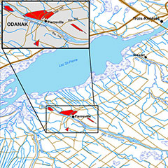 Colour map of Odanak and Wôlinak communities, identified in red and their respective limits. Lake St. Pierre is also visible.